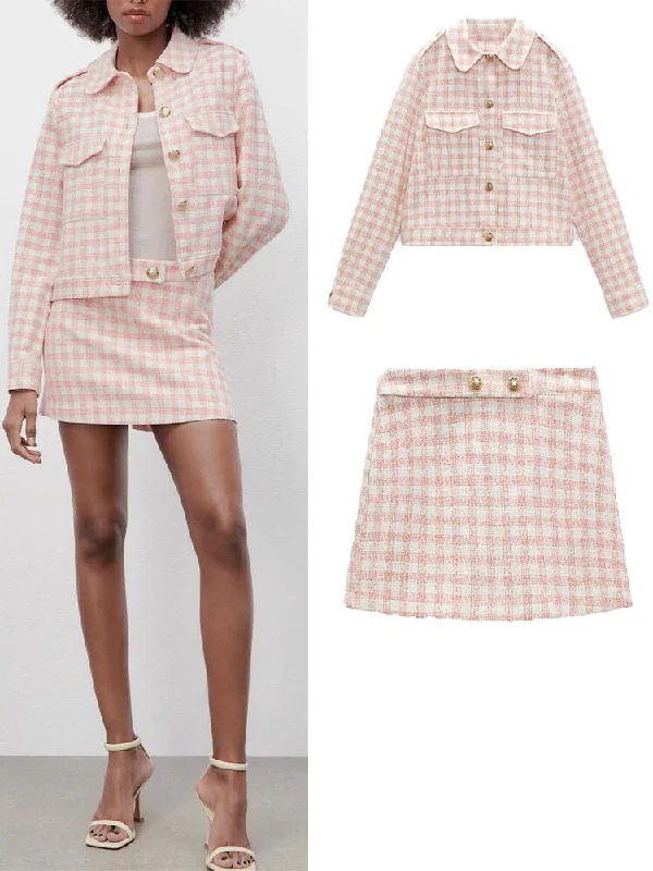 ZA spring new sweet girl pink checkerboard pattern suit jacket + temperament high waist checkerboard pattern casual shorts Cotton floral dresses