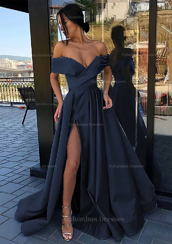 A-line Off-the-Shoulder Cap Straps Sweep Train Satin Prom Dress With Pleated Split Engagement unclassified dresses