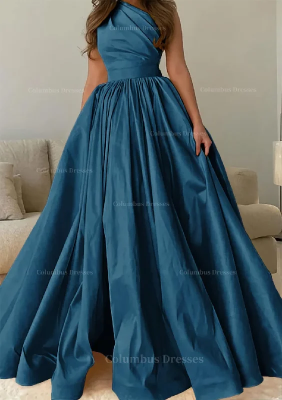 A-line One-Shoulder Sleeveless Sweep Train Satin Prom Dress with Pleated Color block unclassified dresses