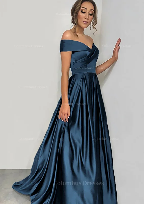 A-line/Princess Off-the-Shoulder Sleeveless Sweep Train Satin Prom Dress With Pleated Neutral tone unclassified dresses