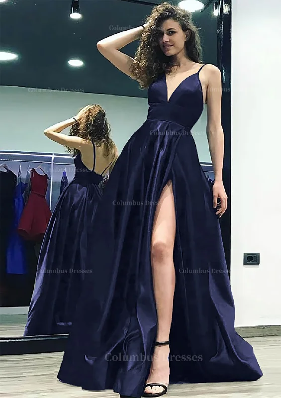 A-line/Princess V Neck Sleeveless Sweep Train Satin Prom Dress With Split Beaded unclassified dresses