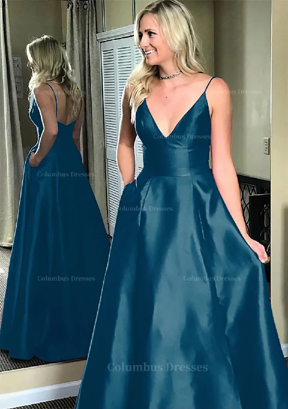 A-line/Princess V Neck Sleeveless Sweep Train Satin Prom Dresses Wedding guest unclassified dresses