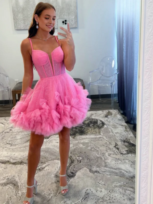 A-Line V Neck Short Tulle Homecoming Dress Sleek Mini Skirt