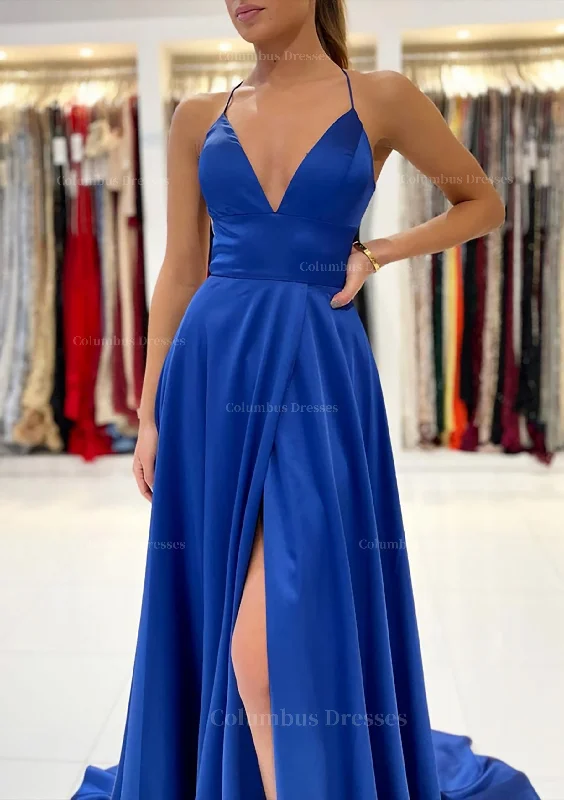 A-line V Neck Sleeveless Charmeuse Sweep Train Prom Dress With Split Backless unclassified dresses