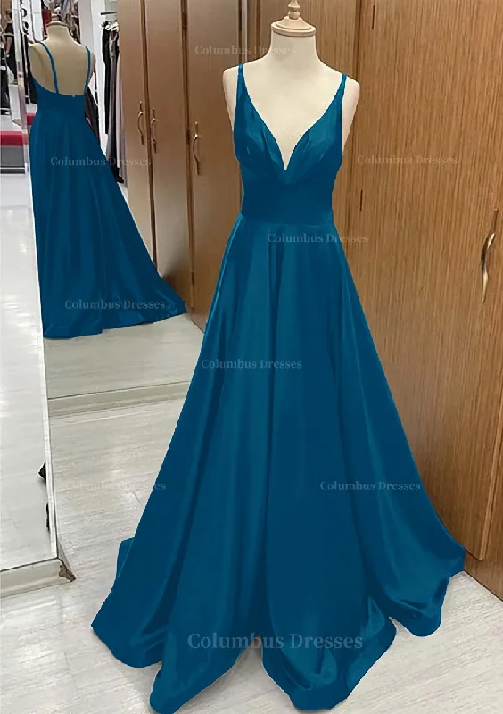 A-line V Neck Sweep Train Satin Prom Dress With Pleated Elegant unclassified dresses