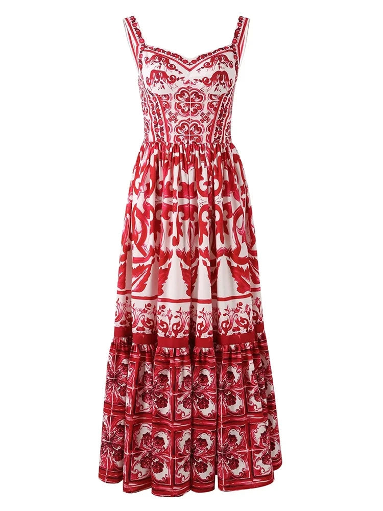 Runway Red Flower Print Back Elastic Dress Budget-friendly unclassified dresses