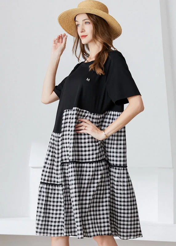 Art Black Asymmetrical Patchwork Plaid Cotton Dresses Summer LY0339 Plus size unclassified dresses