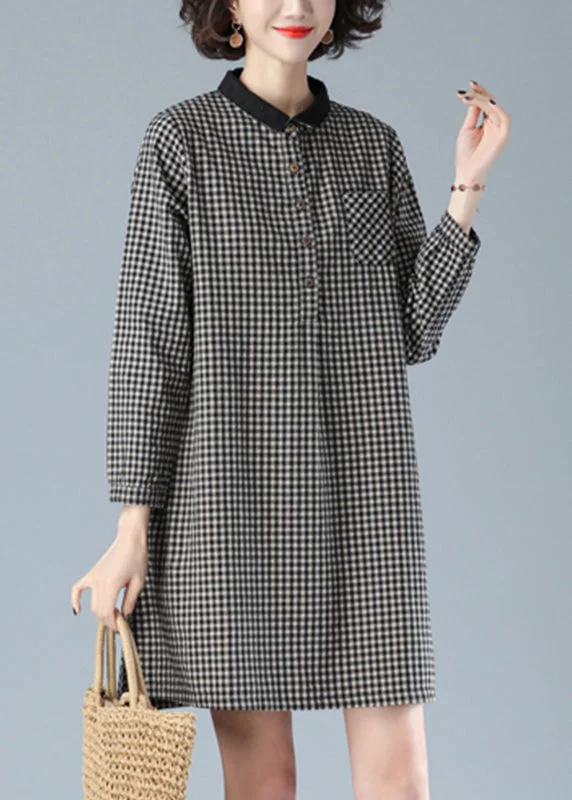 Art Black Plaid Peter Pan Collar Button Cotton Mid Dress Fall HA1001 Vintage unclassified dresses