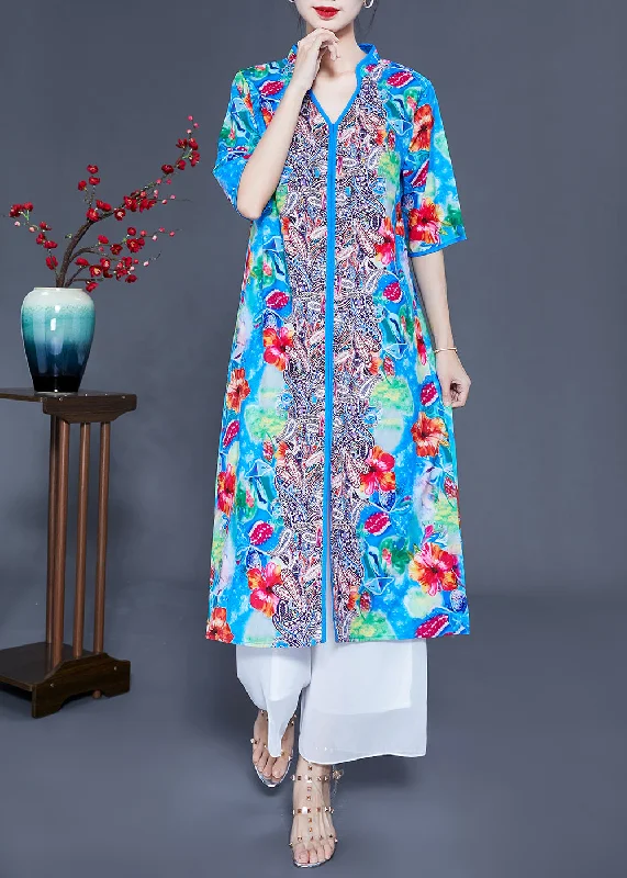 Art Light Blue V Neck Patchwork Print Side Open Silk Beach Dresses Summer LY0925 High-end unclassified dresses