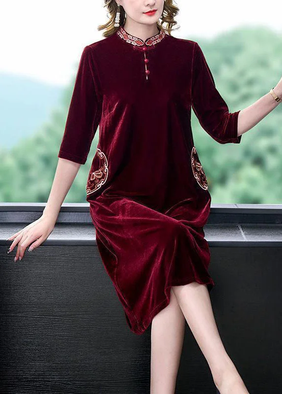 Art Mulberry Mandarin Collar Embroideried Silk Velour A Line Dress Half Sleeve LC0207 Short unclassified dresses