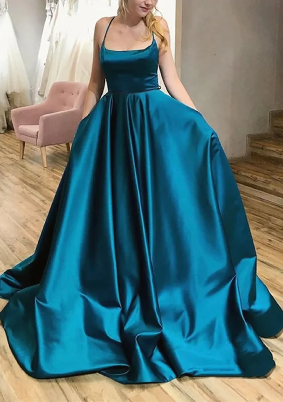 Ball Gown A-line Square Neckline Spaghetti Straps Sweep Train Satin Corset Prom Dress With Pleated Pockets Gowns Popular unclassified dresses