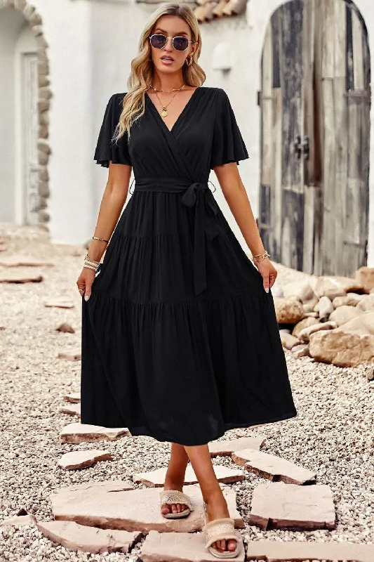 Belted Flutter Sleeve Tiered Surplice Dress Popular unclassified dresses