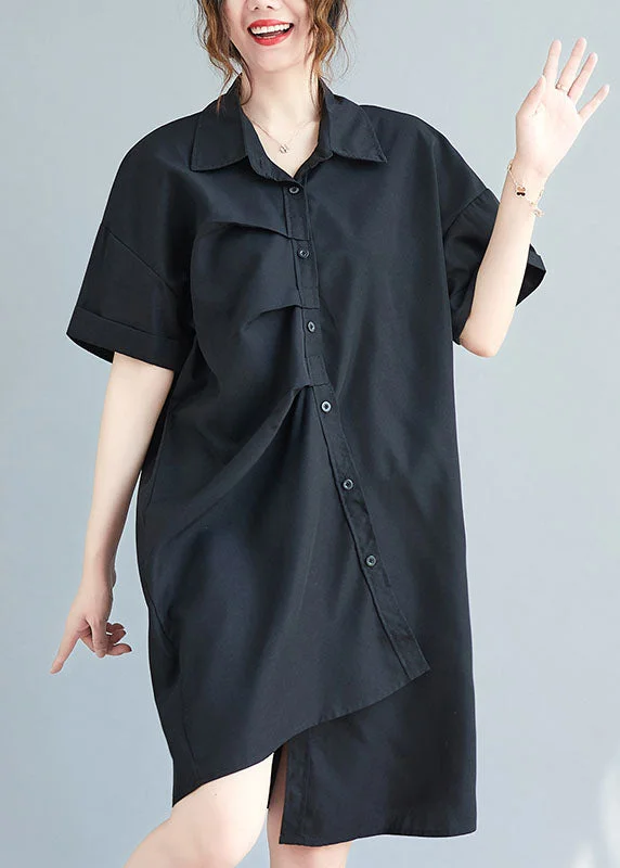 Black Cotton Vacation Dresses Asymmetrical Wrinkled Summer LY0655 Stretchy unclassified dresses