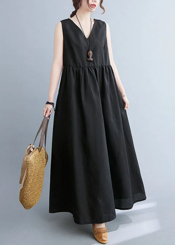 Black Patchwork Cotton Summer Dress Wrinkled V Neck Sleeveless LC0452 Chiffon unclassified dresses