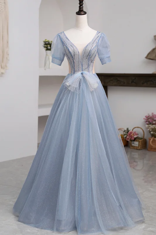 Blue Short Sleeve Tulle Floor Length Prom Dress with Beaded Tie Waist Mini Skirt