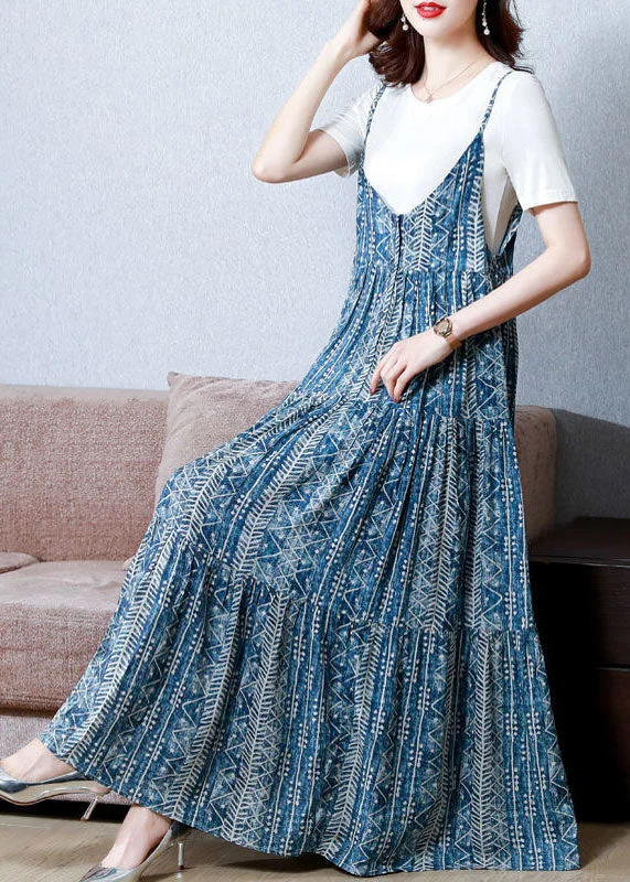 Bohemian Blue Print Patchwork Exra Large Hem Cotton Spaghetti Strap Dress Two Piece Set Summer AC2036 Festival unclassified dresses