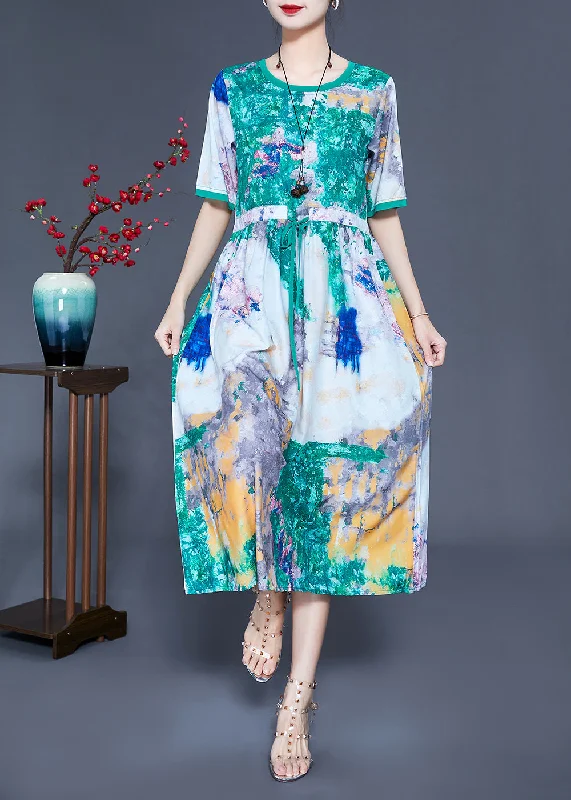 Bohemian Green Cinched Tie Dye Silk Dress Summer LY0926 Trendy unclassified dresses