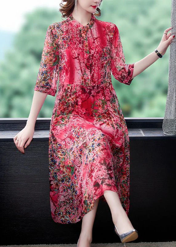 Bohemian Red Stand Collar Print Wrinkled Chiffon Vacation Dresses Half Sleeve LC0240 Embroidered unclassified dresses