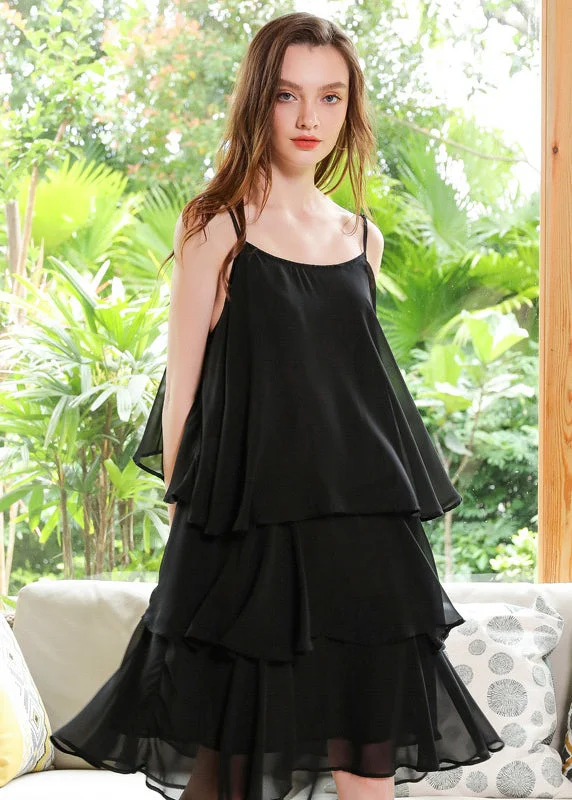 Boutique Black Oversized Layered Design Chiffon Spaghetti Strap Dresses Summer LY0272 Polka dot unclassified dresses