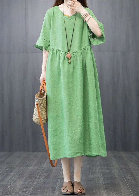 Boutique Green V Neck Patchwork Linen Robe Dresses Butterfly Sleeve LY0920 Mesh unclassified dresses