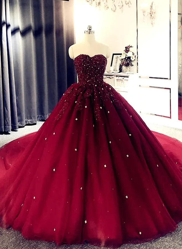 Burgundy Ball Gown Sweetheart Beaded Formal Gown, Burgundy Sweet 16 Dress Color block unclassified dresses