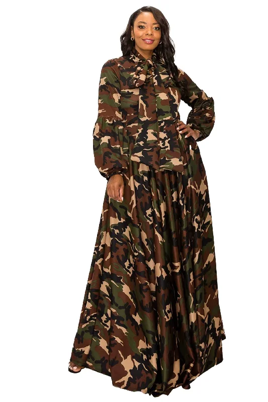 Camo Bella Donna Dress with Ribbon and Puffed Out Sleeves Holiday unclassified dresses