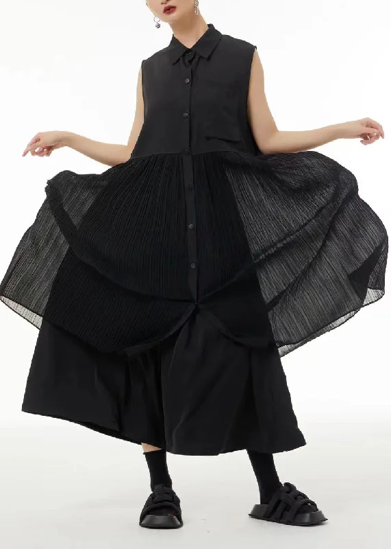 Casual Black Peter Pan Collar Patchwork Chiffon Pleated Dress Sleeveless LC0123 Soft fabric unclassified dresses