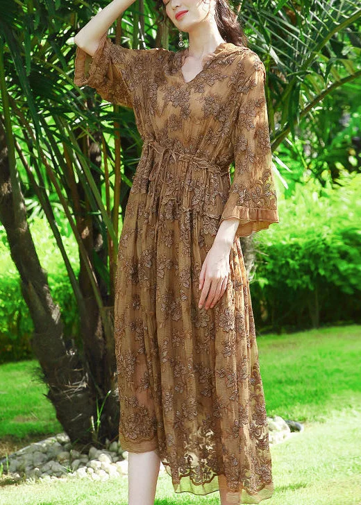 Casual Khaki Hooded Embroideried Silk Cinched Dress AC3058 Printed unclassified dresses