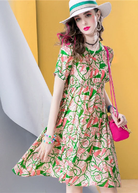 Chic Green O Neck Print Patchwork Silk A Line Dresses Summer LC0255 Women's unclassified dresses