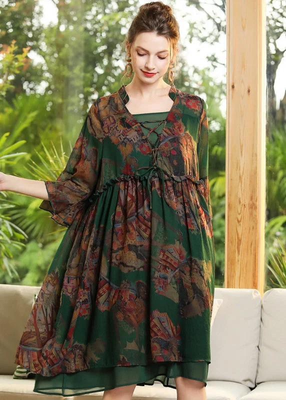 Chic Green Print Ruffled Cross Strap Chiffon Dress Flare Sleeve LY0279 Pastel unclassified dresses