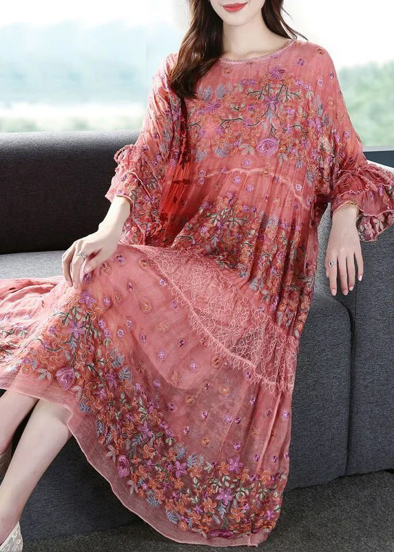 Chic Pink O-Neck Oversized Embroideried Silk Dresses Flare Sleeve AC3056 Striped unclassified dresses