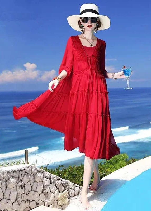 Chic Red Patchwork Silk Two Pieces Set Beach Holiday Dress Summer LC0249 Trendy new unclassified dresses