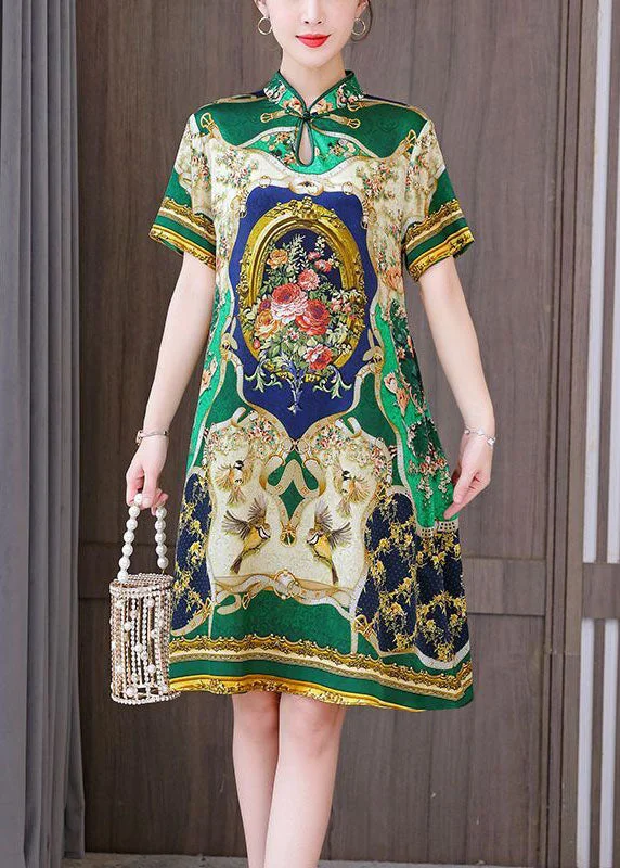 Chinese Style Green Print Mandarin Collar Silk A Line Dress Summer LC0212 Wrap unclassified dresses