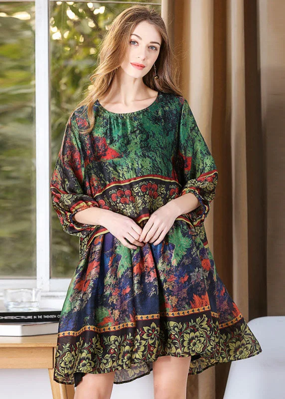 Classy Green Oversized Tie Dye Silk Mid Dress Lantern Sleeve LY0316 Festival unclassified dresses