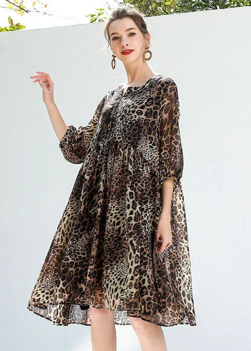 Coffee Leopard Print Chiffon Beach Dresses O-Neck Rivet Summer LY0260 Tulle unclassified dresses