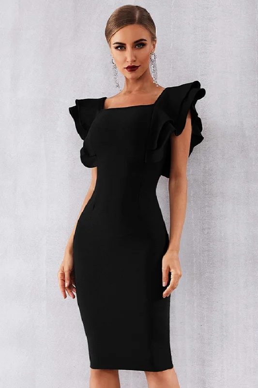 Black Solid Ruffle Shoulder Dress Petite unclassified dresses