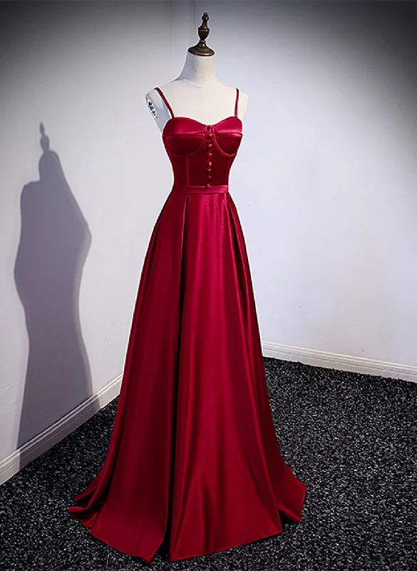 Dark Red Satin Sweetheart Straps Floor Length Prom Dress, Wine Red Evening Dress Cotton unclassified dresses