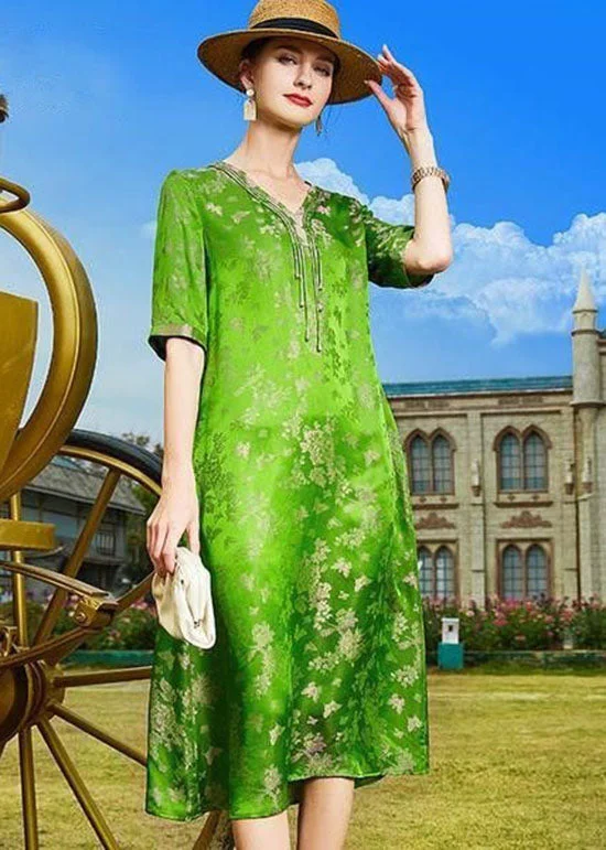 DIY Green V Neck Tasseled Print Patchwork Silk Dresses Summer LC0217 Boho unclassified dresses