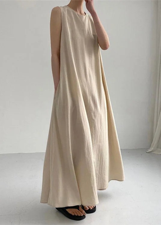 DIY Khaki O Neck Exra Large Hem Cotton Dresses Sleeveless LC0450 Silk unclassified dresses