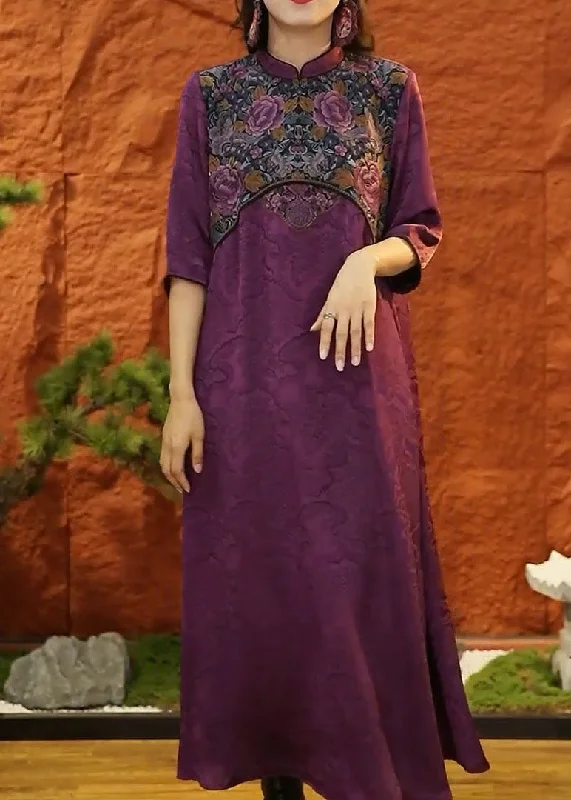 DIY Purple Mandarin Collar Patchwork Jacquard Silk Dresses Half Sleeve LC0201 Affordable unclassified dresses