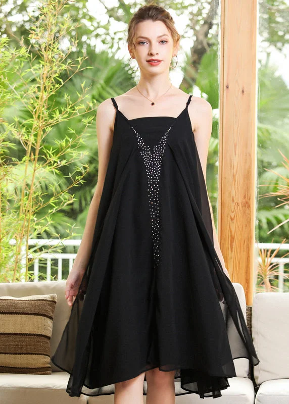 Elegant Black Oversized Diamond Chiffon Spaghetti Strap Dress Summer LY0264 Floral unclassified dresses