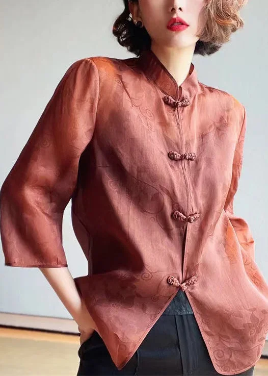 Elegant Brown Stand Collar Button Print Silk Blouses Summer QA1070 Soft fabric unclassified dresses