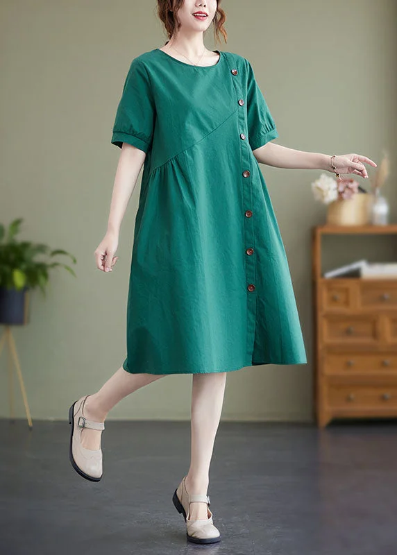 Elegant Green Patchwork Wrinkled Button Cotton Vacation Dresses  AC2024 Smocked unclassified dresses