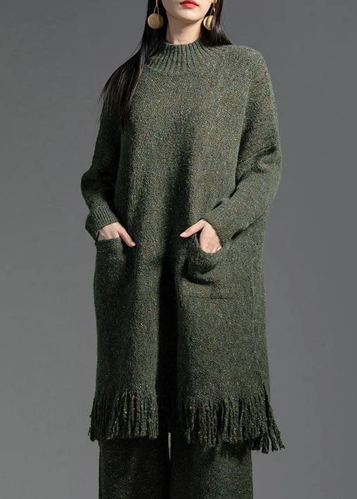 Elegant Green Tasseled Patchwork Wool Knitting Dress Winter LY0005 Velvet unclassified dresses