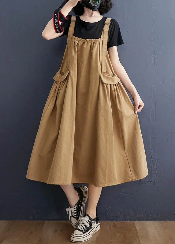 Elegant Khaki Oversized Pockets Cotton Strap A Line Dress Summer AC2004 Long sleeve unclassified dresses