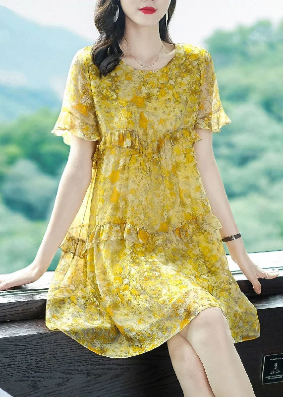 Elegant Yellow O-Neck Patchwork Ruffles Print Chiffon Holiday Dress Summer FR2028 Backless unclassified dresses