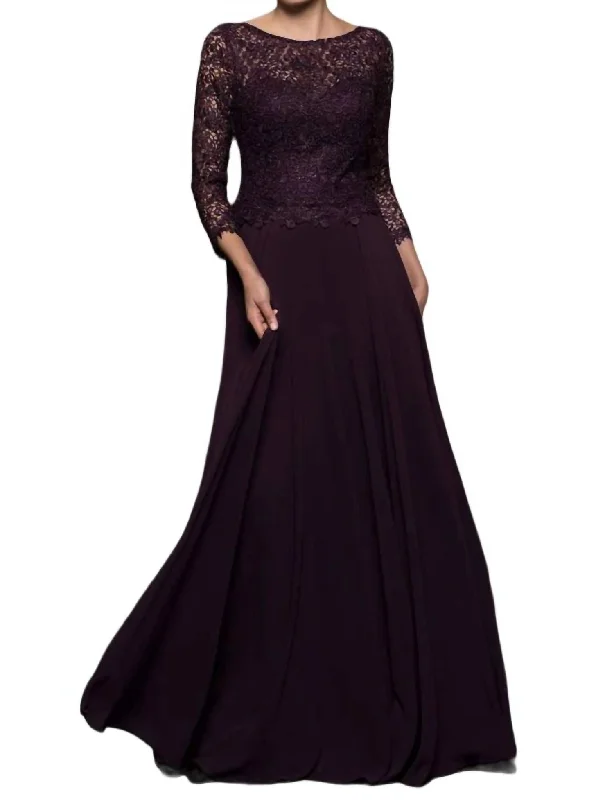 Embroidered 3/4 Sleeve Top Gown In Eggplant Tiered unclassified dresses