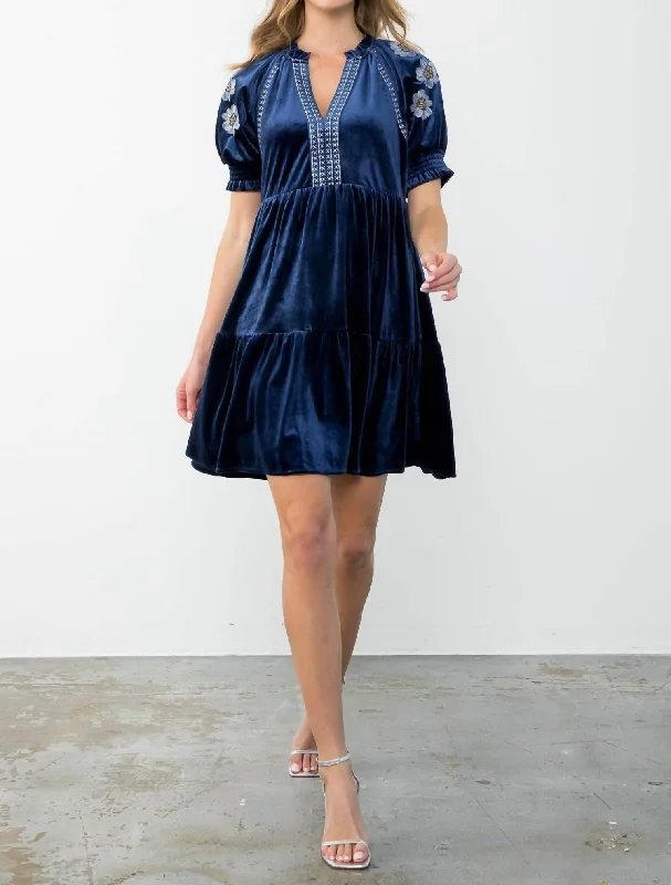 Embroidered Detail Sleeve Velvet Dress In Navy Dark color unclassified dresses