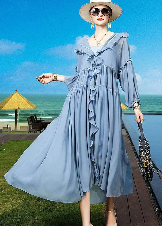 Fashion Blue Ruffled Asymmetrical Patchwork Silk Vacation Dresses Summer LC0242 Beaded unclassified dresses