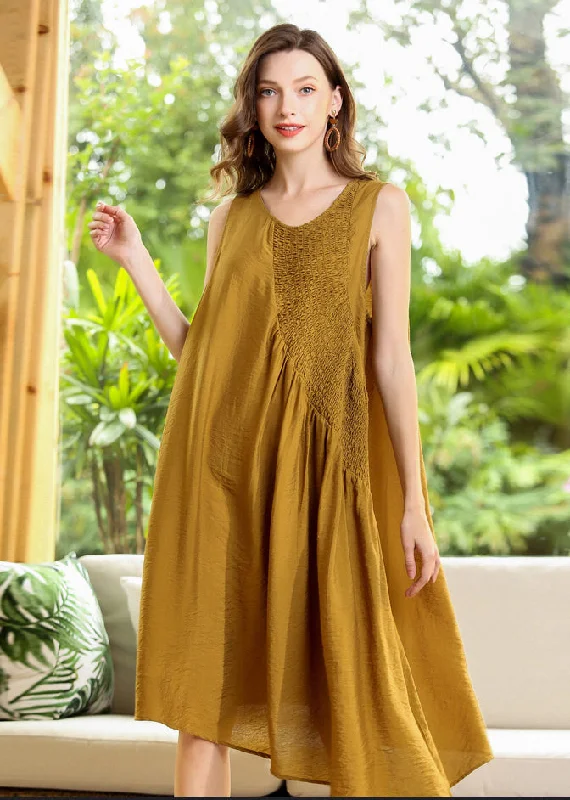 Fashion Yellow Asymmetrical Patchwork Wrinkled Cotton Dress Sleeveless LY0342 A-line unclassified dresses